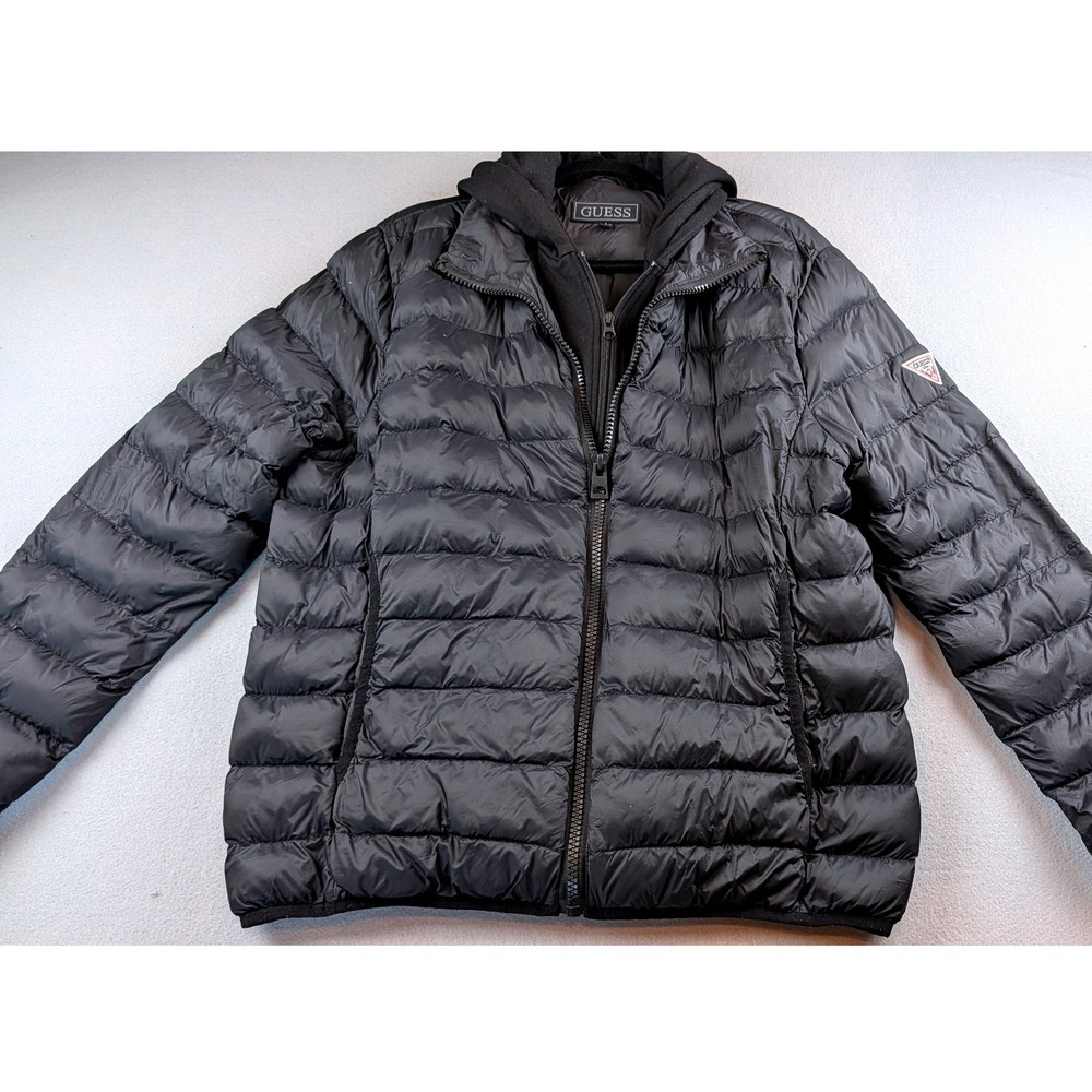 Guess Mens Puffer Jacket Black Hooded Bib Quilted Insulated Coat Large